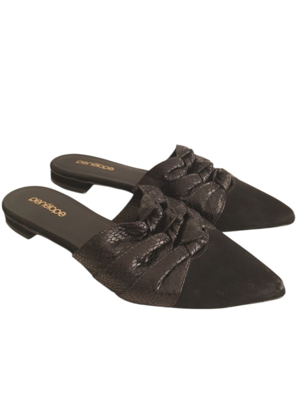 Penelope Black Mules Slides Flats Pointed Toe Knotted Vamp Womens Size 10
